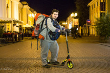 Vsevolod on his foot scooter outside the hostel in Nizhny Novgorod.