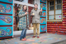 Tanya and Voldemare outside their colorful store in Rostov.