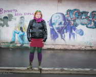 Sasha was colorfully dressed on a gray, rainy day in Irkutsk.